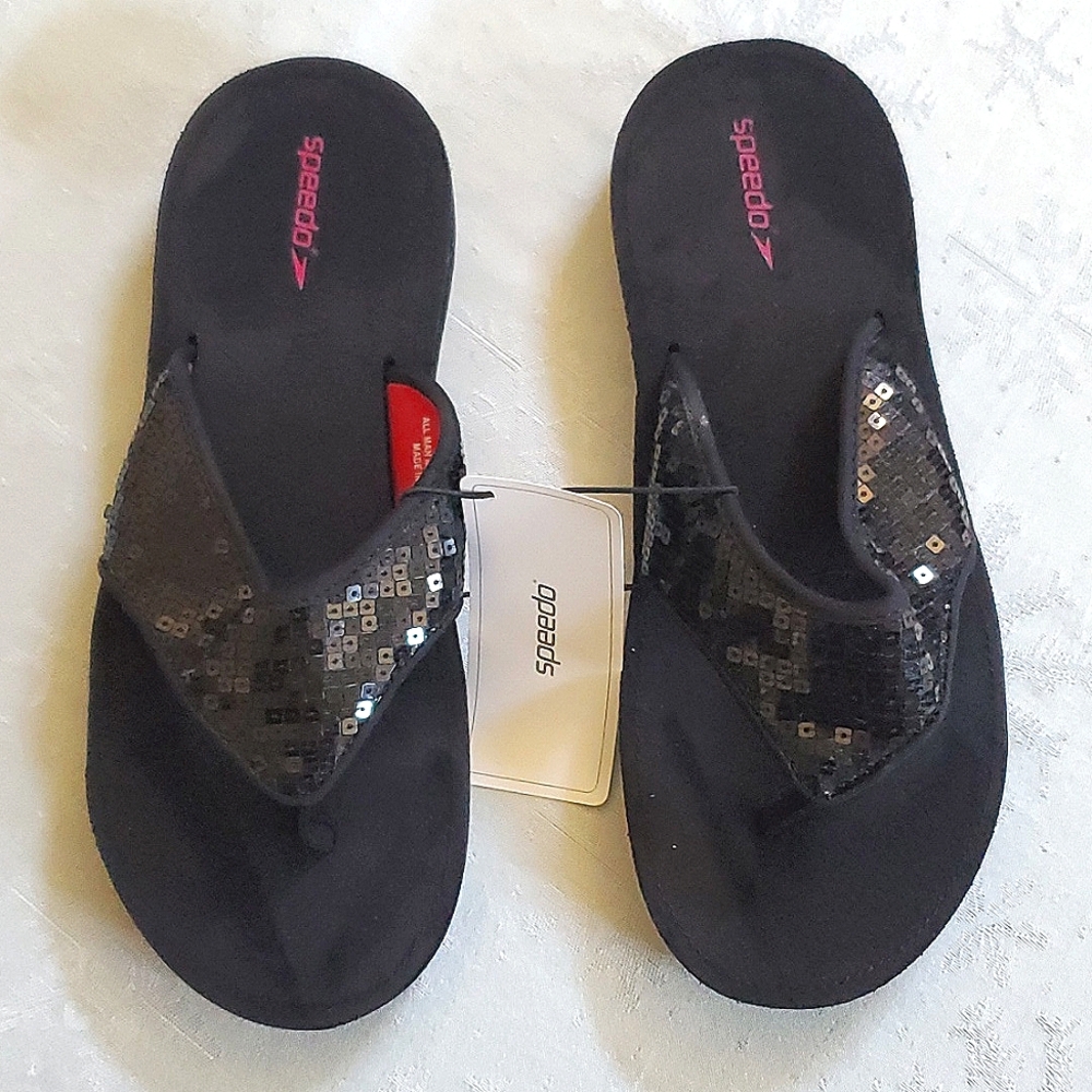 NWT New Speedo Black Sequins Flip Flops Sandals Women's Size 10